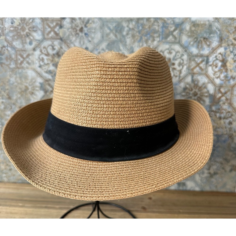 FURTALK Straw Fedora Sun Hat Woven Ribbon M/L Tan Excellent